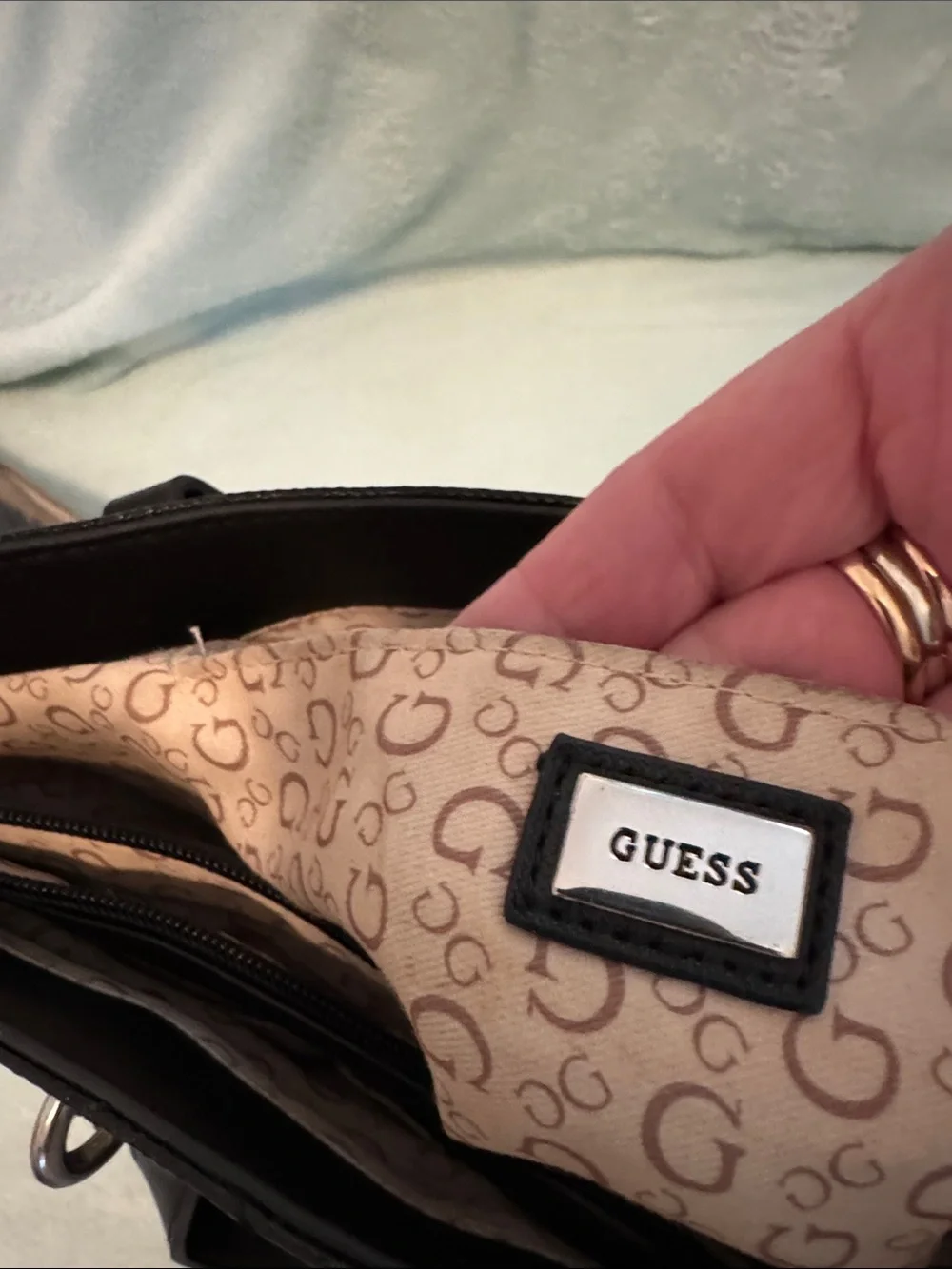 Guess Black Quilted Logo Patent Tote